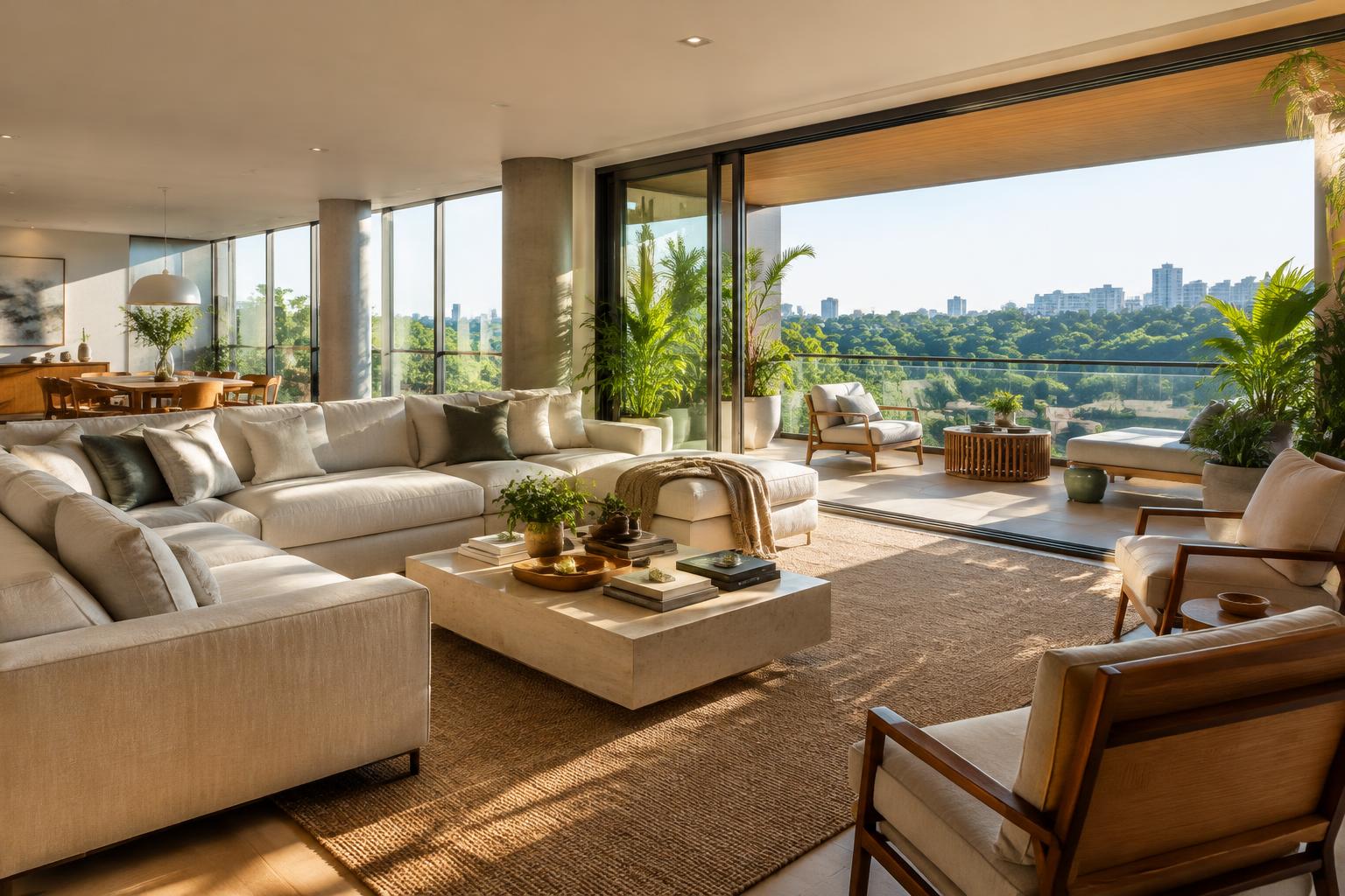 Living com varanda e vista arborizada — imagem ilustrativa